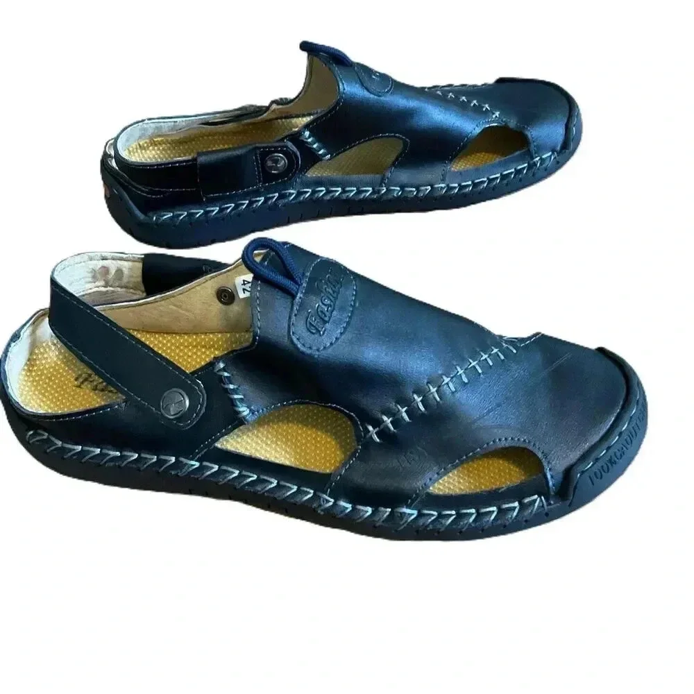 Black Leather Sandals With Stitch‎ Detailing Velcro Strap Casual Size 42